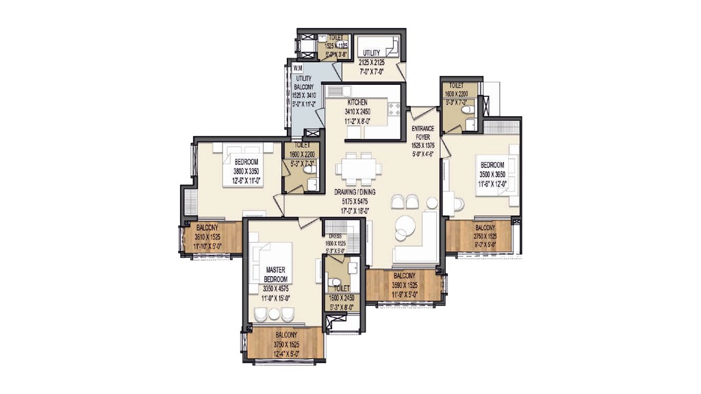 3 BHK Apartment floor plan