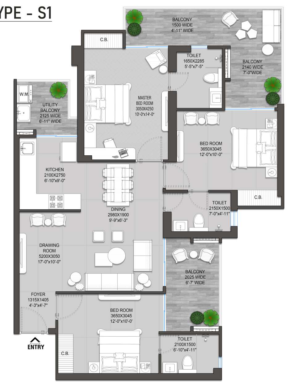 SKA Calisto 3 BHK Floor Plan (1630 Sq.Ft.)